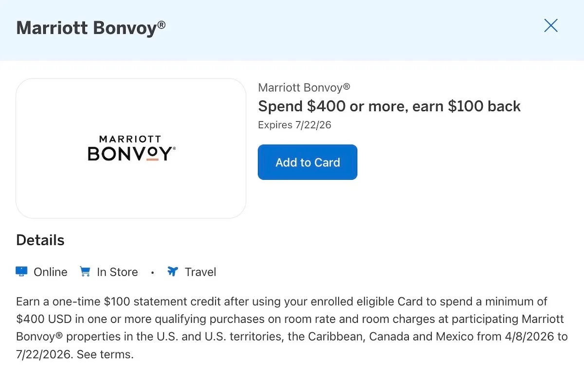 Giảm ngay $100 khi lưu trú tại khách sạn Marriott với chương trình Amex Offers
